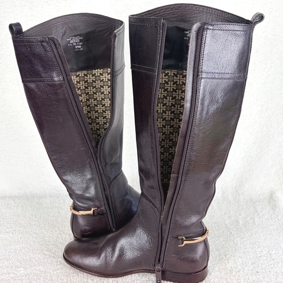 Tory Burch Jess Dark Brown Leather Knee High Riding Boots Gold Horsebit 7.5M - Picture 12 of 16